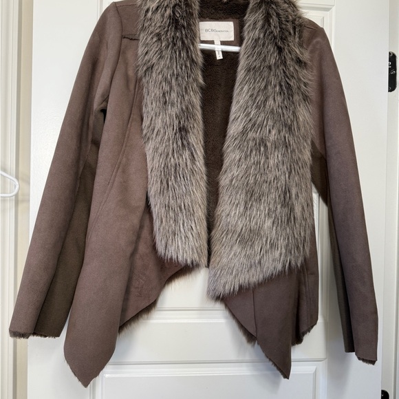 BCBGeneration Brown Faux Suede Faux Fur Trim Asymmetrical Jacket Small - Picture 1 of 7